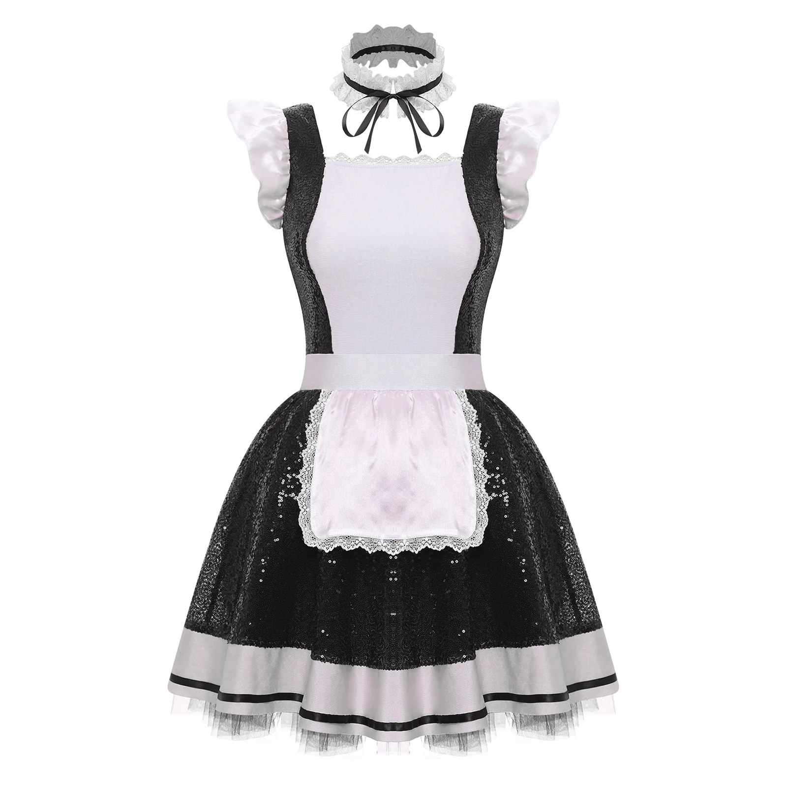 Womens Halloween Lolita Maid Cosplay Dress And Choker Costume Ruffled Lace Trim Apron Glittery Sequin Tulle Underskirt Dress
