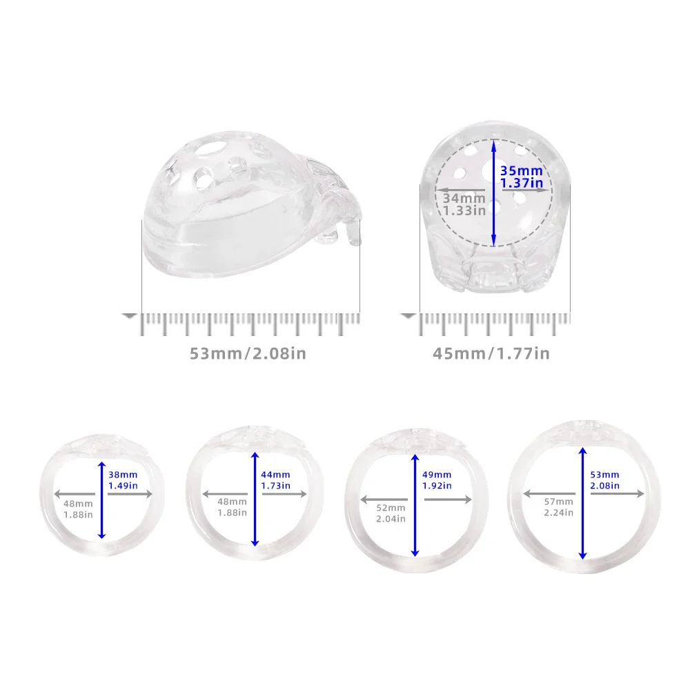 New BDSM Clear Half Circle Chastity Cage 3D-Printed Lightweight Breathable Penis Cock Cage Lock with 4 Base Rings Fetish Play