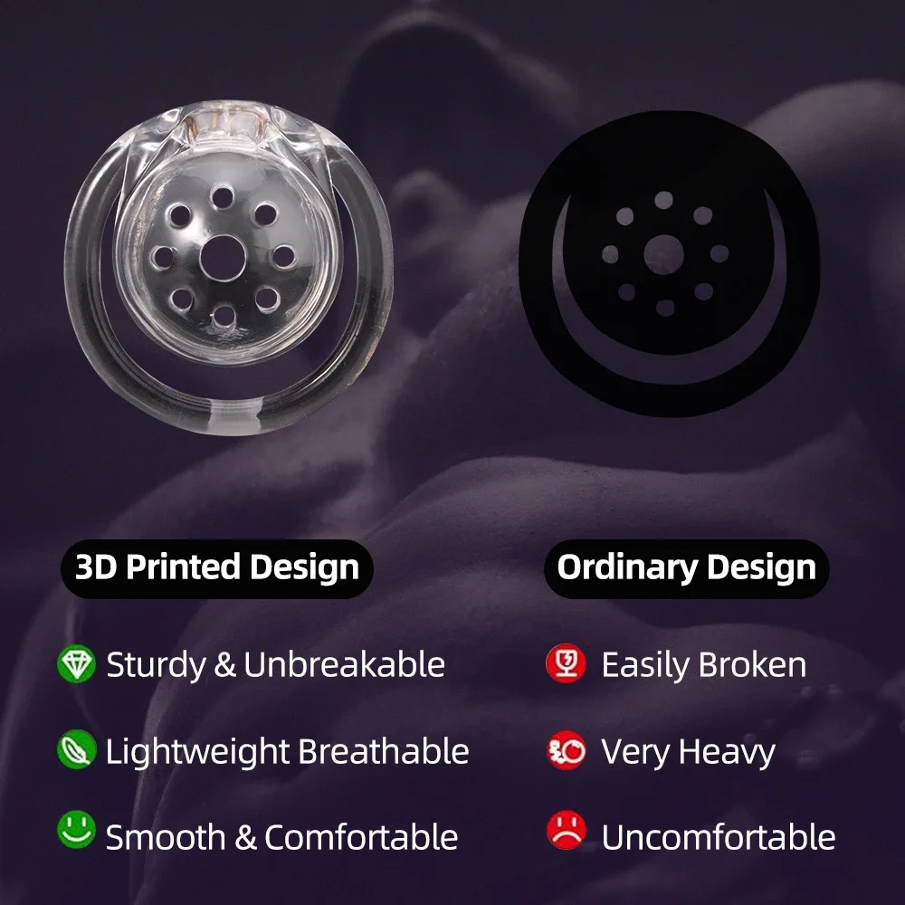 New BDSM Clear Half Circle Chastity Cage 3D-Printed Lightweight Breathable Penis Cock Cage Lock with 4 Base Rings Fetish Play