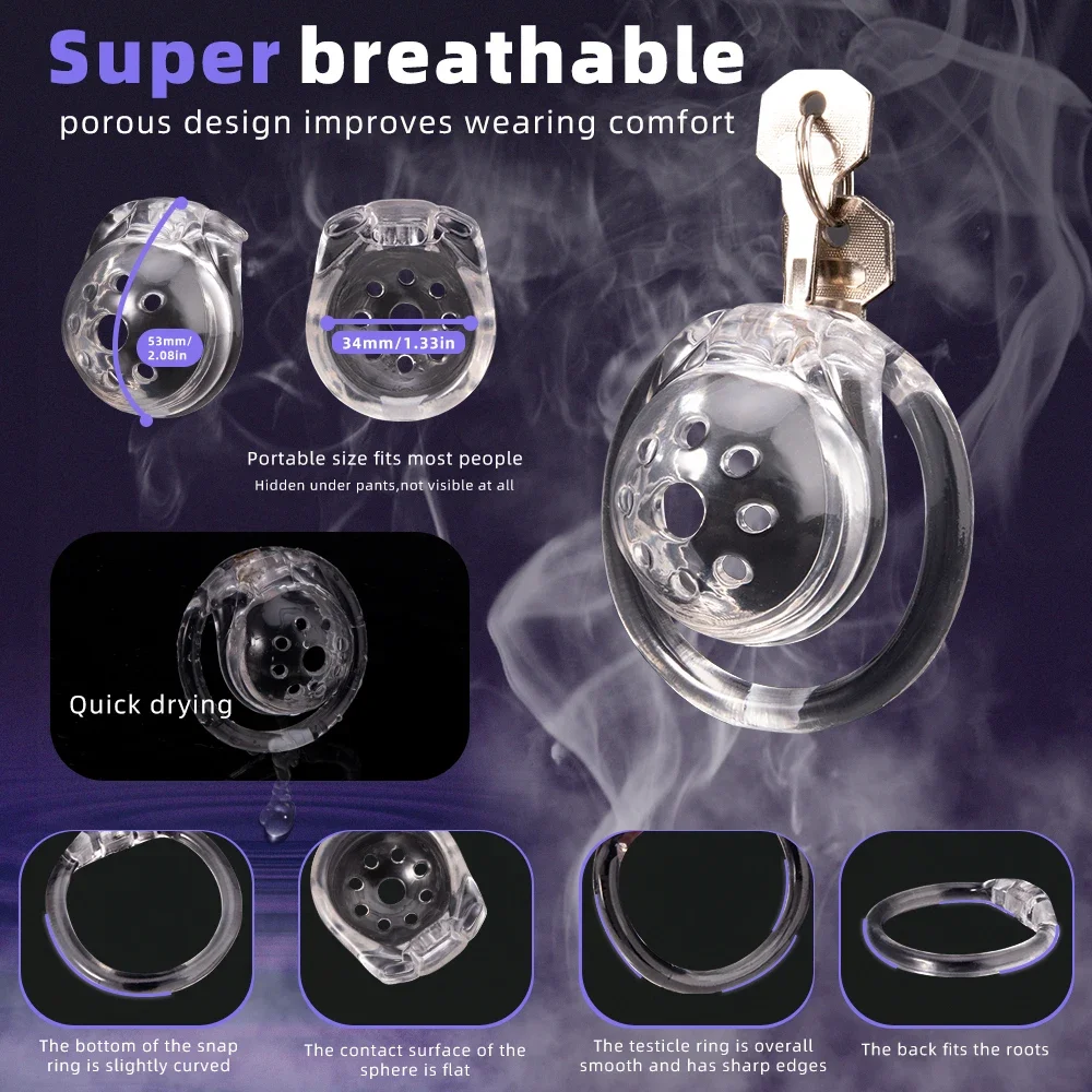 New BDSM Clear Half Circle Chastity Cage 3D-Printed Lightweight Breathable Penis Cock Cage Lock with 4 Base Rings Fetish Play
