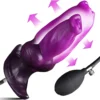 Plug anal inflável roxo com cabeça animal, knot e base em T, ao lado da pera de bombear