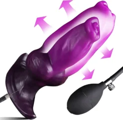Plug anal inflável roxo com cabeça animal, knot e base em T, ao lado da pera de bombear
