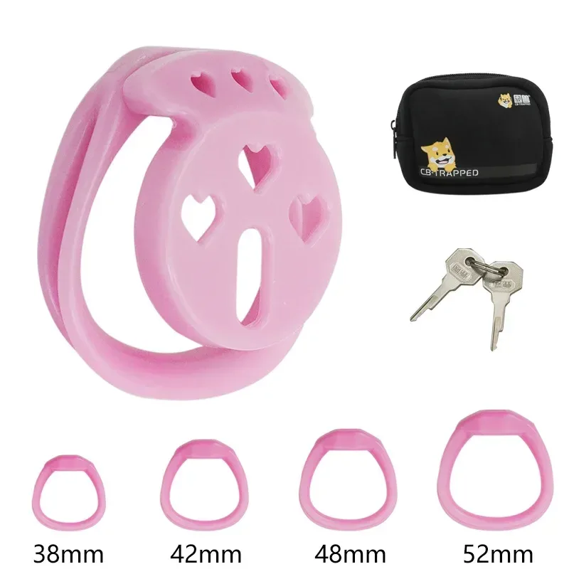 Gaiola de castidade flat Lacre rosa modelo Corações com 4 anéis, 2 chaves e estojo