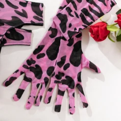 Luvas longas de tule com estampa oncinha rosa