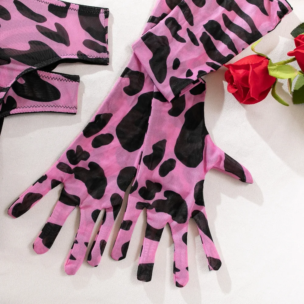 Luvas longas de tule com estampa oncinha rosa