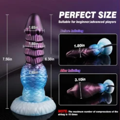 Plug anal inflável D204 roxo com escamas e medidas: 19,2 cm e diâmetro de 4,6 a 7,9 cm