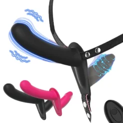 Vibrador duplo preto para pegging com cinta e controle