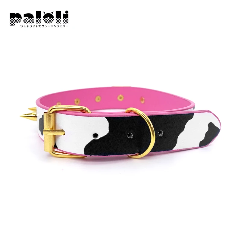 Paloli Sexy Cow Choker Collar PU Leather Cow Print Choker Bell Metal Studs Slave Cosplay Costume BDSM Bondage Necklace For Women