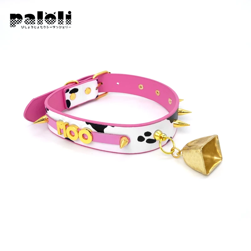 Paloli Sexy Cow Choker Collar PU Leather Cow Print Choker Bell Metal Studs Slave Cosplay Costume BDSM Bondage Necklace For Women