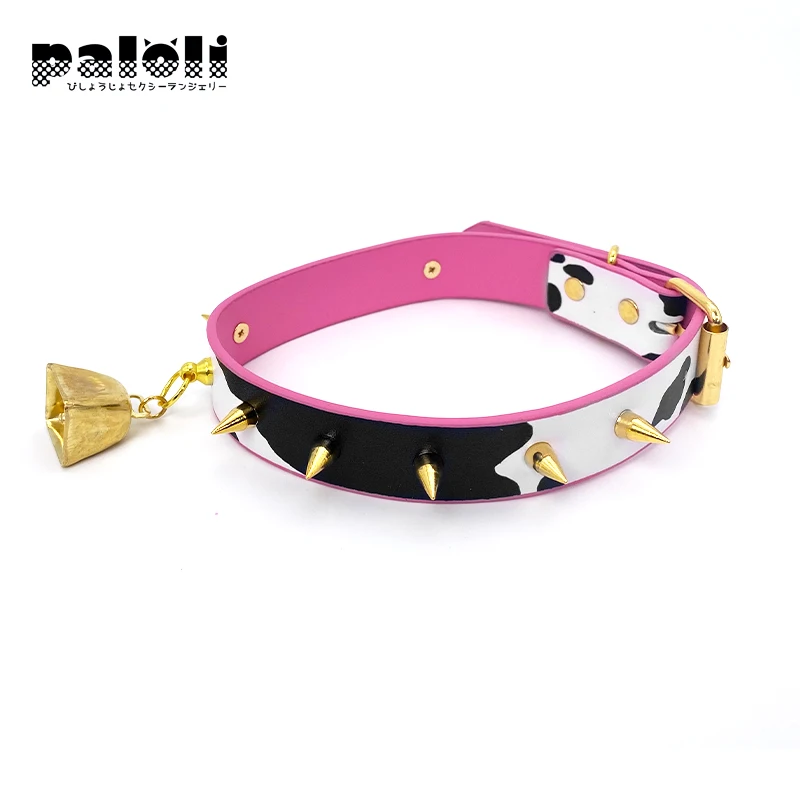 Paloli Sexy Cow Choker Collar PU Leather Cow Print Choker Bell Metal Studs Slave Cosplay Costume BDSM Bondage Necklace For Women