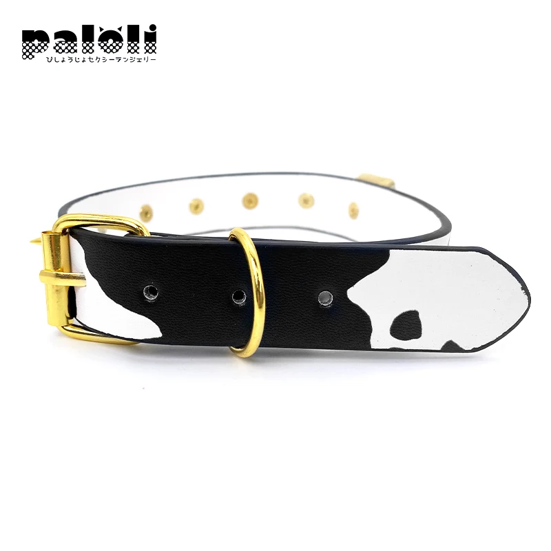 Paloli Sexy Cow Choker Collar PU Leather Cow Print Choker Bell Metal Studs Slave Cosplay Costume BDSM Bondage Necklace For Women