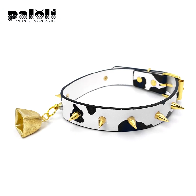 Paloli Sexy Cow Choker Collar PU Leather Cow Print Choker Bell Metal Studs Slave Cosplay Costume BDSM Bondage Necklace For Women
