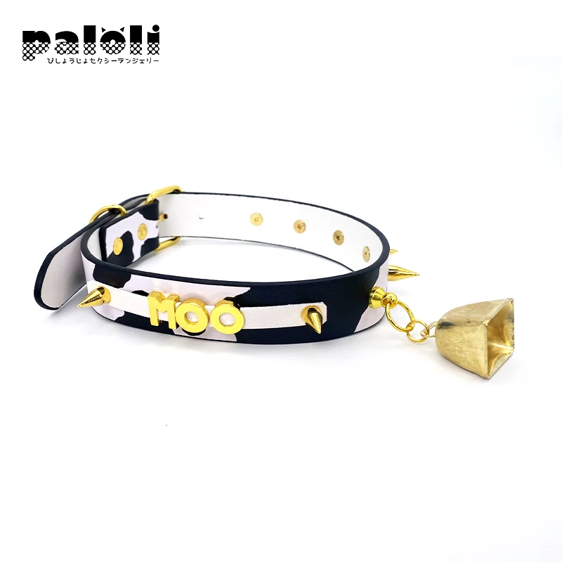 Paloli Sexy Cow Choker Collar PU Leather Cow Print Choker Bell Metal Studs Slave Cosplay Costume BDSM Bondage Necklace For Women