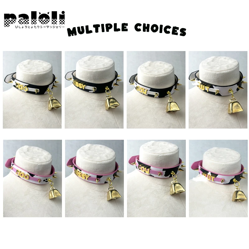 Paloli Sexy Cow Choker Collar PU Leather Cow Print Choker Bell Metal Studs Slave Cosplay Costume BDSM Bondage Necklace For Women