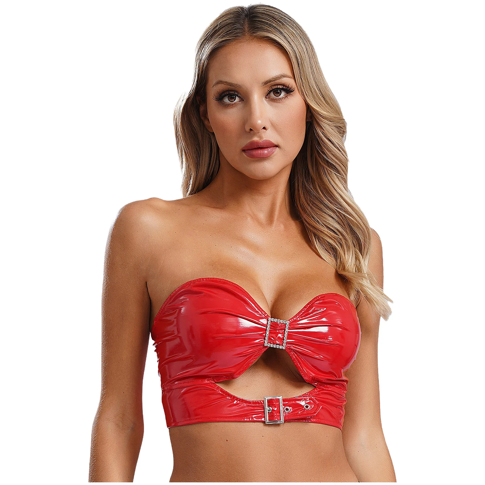 Womens Patent Leather Lingerie Set Metallic PU Underwear Bra Ruffle Skirt Built-in Thongs Garter Belts Metal Clips Miniskirt