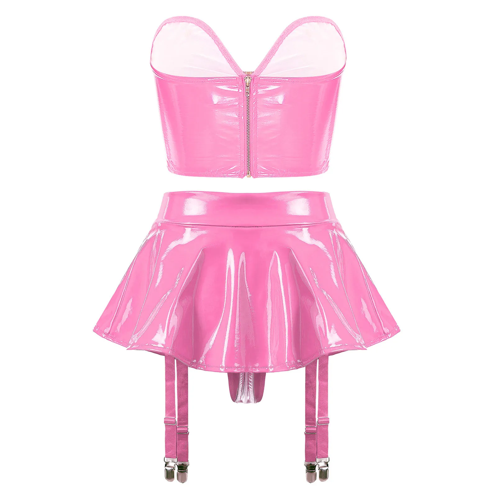 Womens Patent Leather Lingerie Set Metallic PU Underwear Bra Ruffle Skirt Built-in Thongs Garter Belts Metal Clips Miniskirt