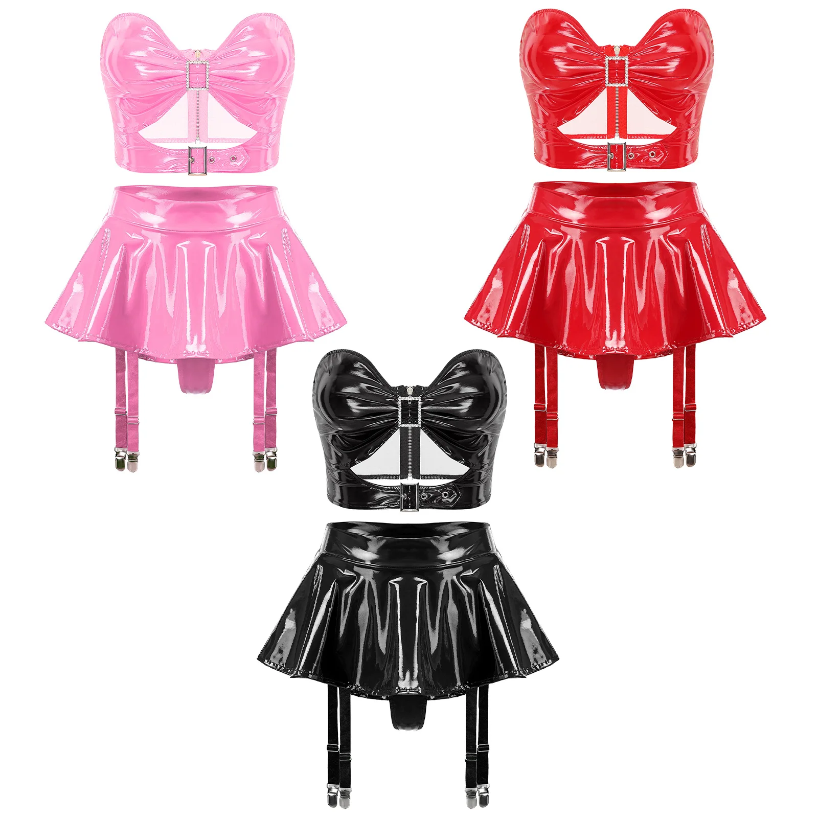 Womens Patent Leather Lingerie Set Metallic PU Underwear Bra Ruffle Skirt Built-in Thongs Garter Belts Metal Clips Miniskirt