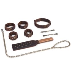 Kit BDSM Vintage Algemas Tornozeleiras Coleira e Palmatória Bondage Set