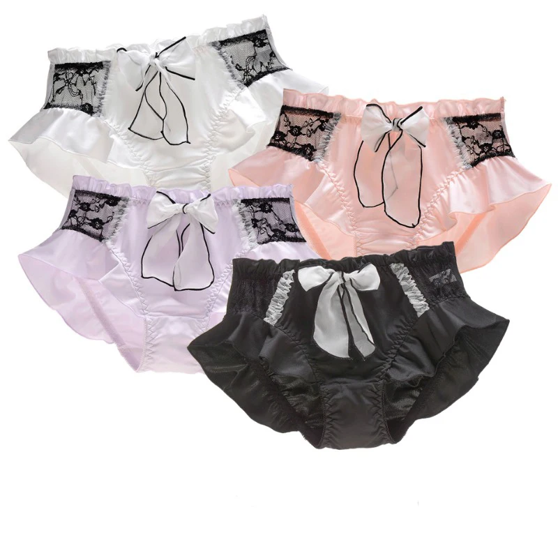 Women Milk Silk Smooth Cute Lovely Sweety Panties Lace Lolita Ruffle Ribbon Bow Elasticity Underwear Breathable Candy Color