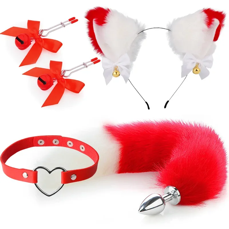 4pcs Cute Fox Tail Anal Plug Cat Ears Headbands Nipple Clip Neck Collar Set Erotic Cosplay Sex Toys for Women for Couples Erotic 4pcs Cute Fox Tail Anal Plug Cat Ears Headbands Nipple Clip Neck Collar Set Erotic Cosplay Sex Toys for Women for Couples Erotic