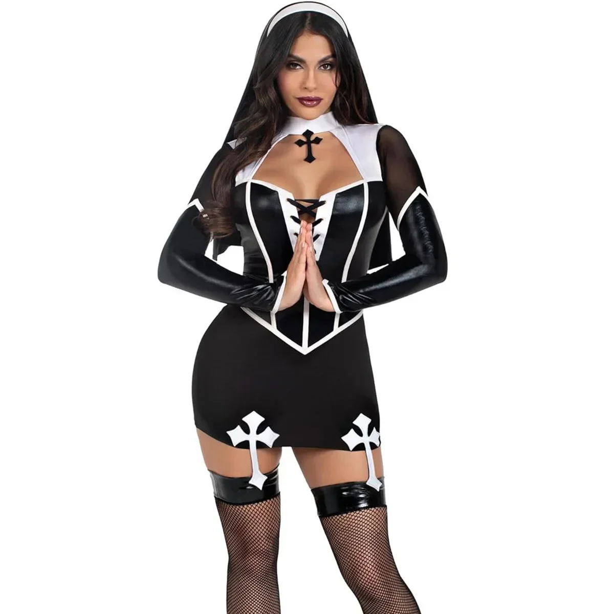 Women Halloween Nun Costume Sexy Black Pu Leather Hollow Nun Cosplay Outfit Tops with Skirts Carnival Party Rolepaly Dress Up Women Halloween Nun Costume Sexy Black Pu Leather Hollow Nun Cosplay Outfit Tops with Skirts Carnival Party Rolepaly Dress Up