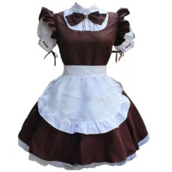 Alternative view of Sissy brown French maid dress satin white apron cosplay Halloween costume party customized