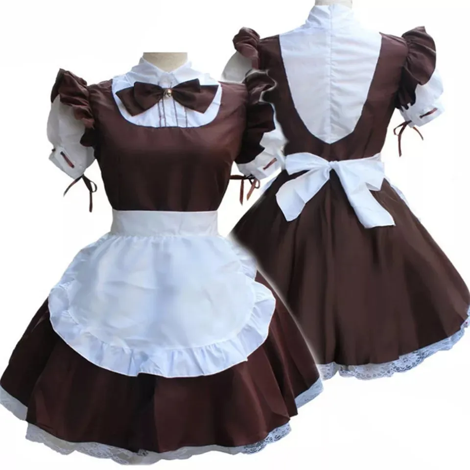 Sissy brown French maid dress satin white apron cosplay Halloween costume party customized