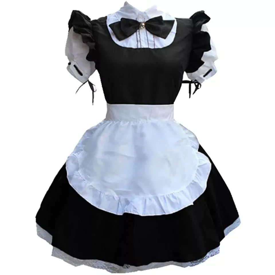 Sissy Black French Maid Dress Satin White Apron Cosplay Halloween Costume Ball Party Customized
