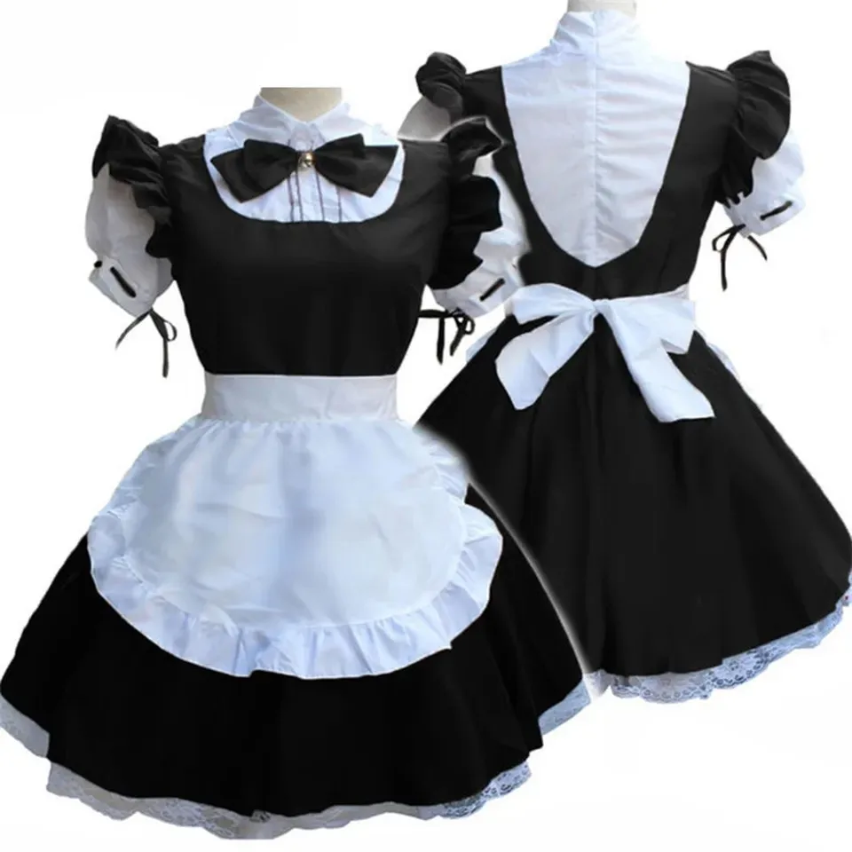 Sissy Black French Maid Dress Satin White Apron Cosplay Halloween Costume Ball Party Customized