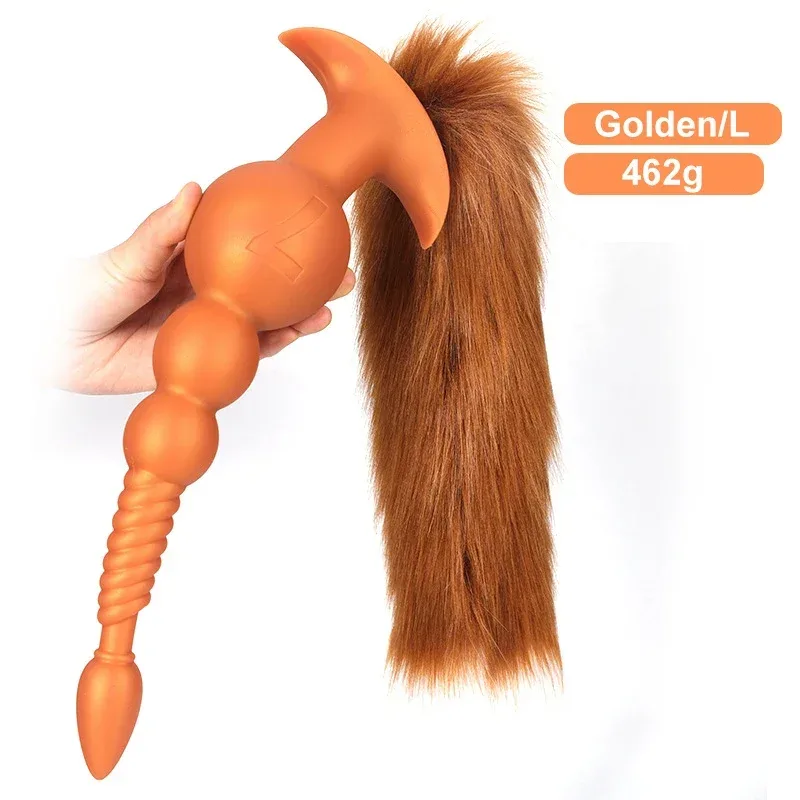 Plug anal longo dourado tamanho L com cauda ruiva de raposa, 31,5 cm e 462 gramas