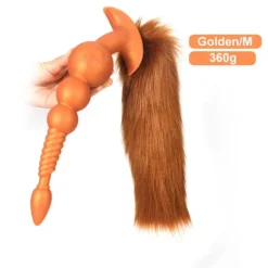 Plug anal longo dourado tamanho M com cauda ruiva de raposa, 30 cm e 360 gramas