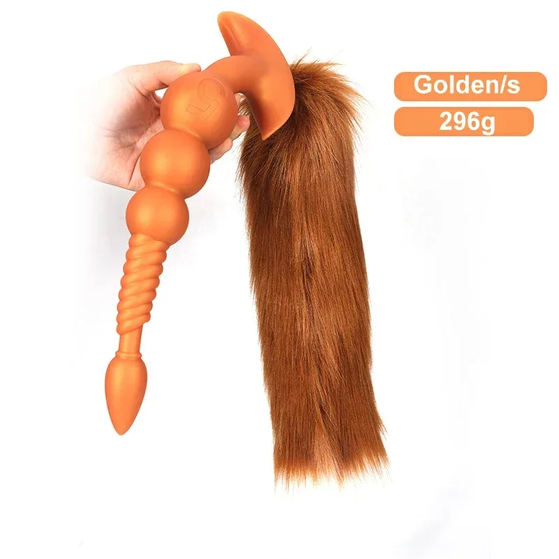 Plug anal longo dourado tamanho S com cauda ruiva de raposa, 29 cm e 296 gramas