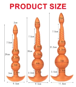 Tabela de medidas do plug anal longo: 29 cm, 30 cm e 31,5 cm com contas de 5, 6 e 7 cm