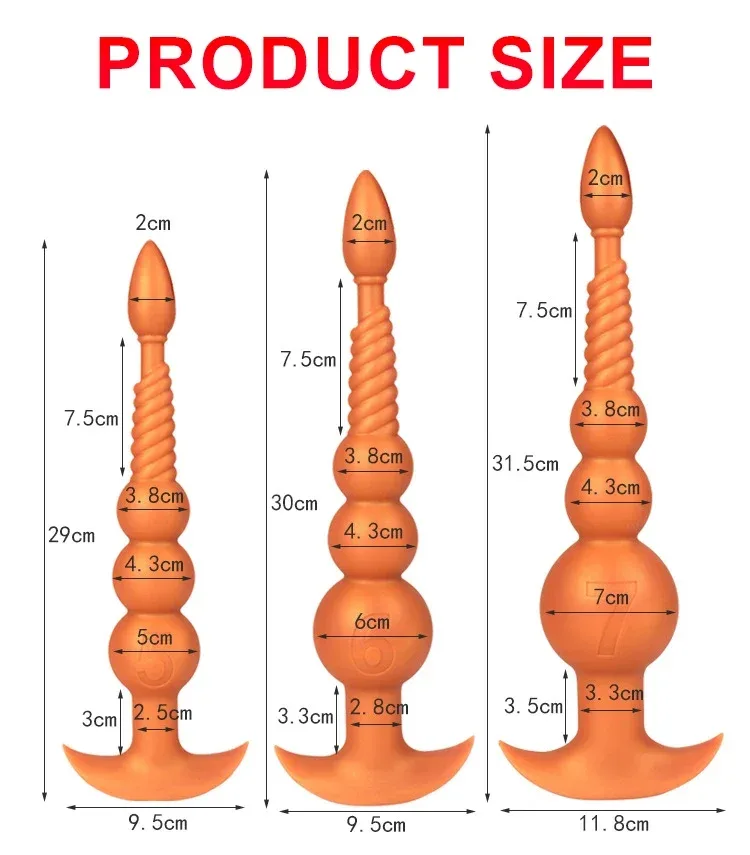 Tabela de medidas do plug anal longo: 29 cm, 30 cm e 31,5 cm com contas de 5, 6 e 7 cm