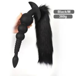 Plug anal longo preto tamanho M com cauda preta, 30 cm e 360 gramas