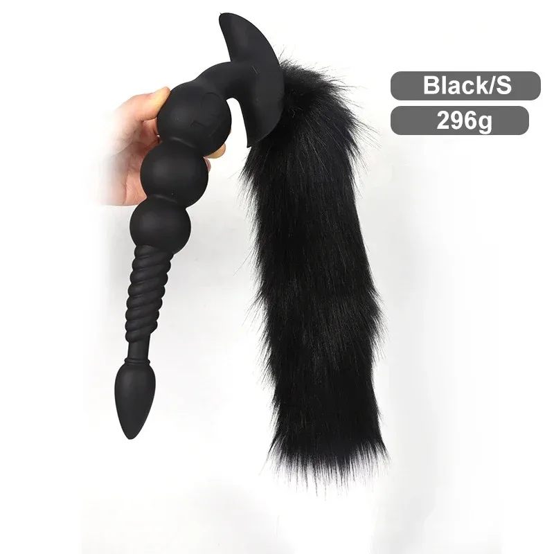 Plug anal longo preto tamanho S com cauda preta, 29 cm e 296 gramas