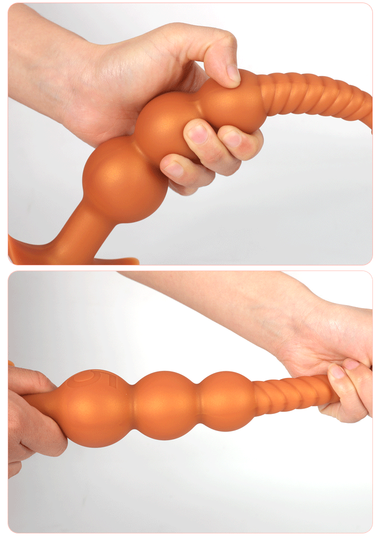 Animação mostrando o silicone macio do plug anal longo dobrando e voltando ao formato original