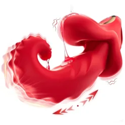 Vibrador vermelho com haste de vai e vem e língua enrolada