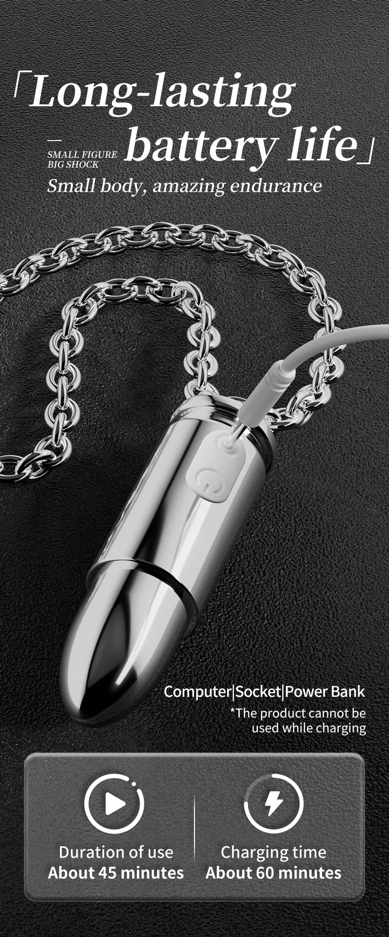Cápsula vibratória Calibre carregando por cabo USB, com 45 minutos de uso para 60 minutos de carga