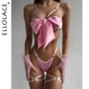 Unwrap Pink Lingerie Laço Cetim Gigante Tanga Cinta Liga Coxa