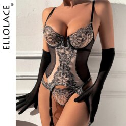 Baroque Noir Corset Bustier Renda Floral Cinta Liga Luvas Longas