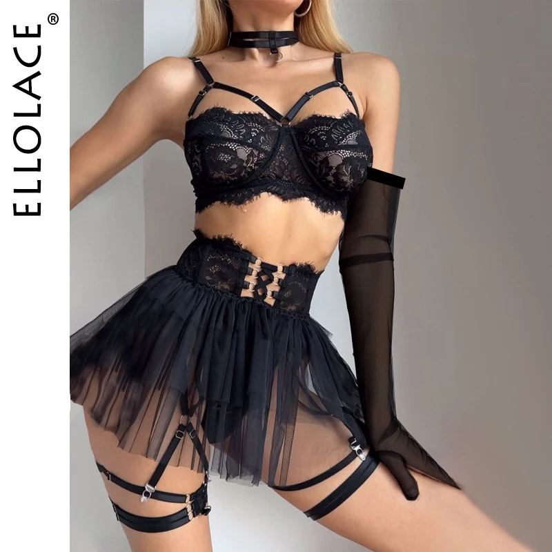 Véspera Lace Bra Luvas Longas Saia Tule Coleira Ligas