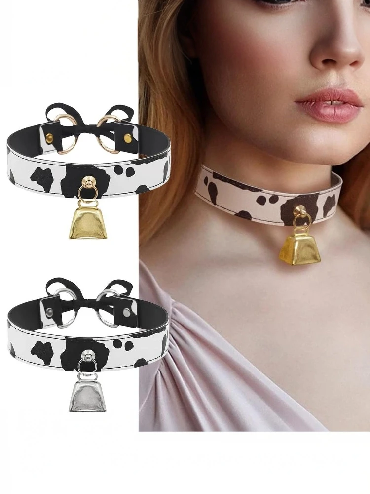 Sexy Leather Cow Print Bell Pendant Collar Choker Necklace For Women Punk Gothic Sweet Bow Necklaces Cosplay Party Jewelry Gifts