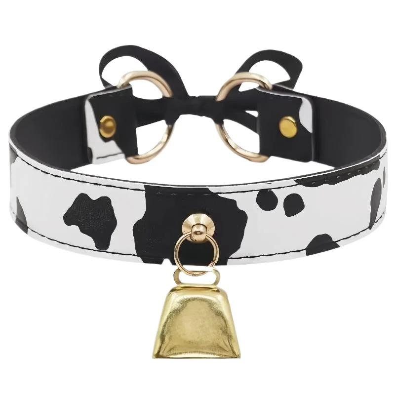Sexy Leather Cow Print Bell Pendant Collar Choker Necklace For Women Punk Gothic Sweet Bow Necklaces Cosplay Party Jewelry Gifts