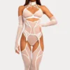 Conjunto Ellolace body renda transparente branco com choker, luvas e meias