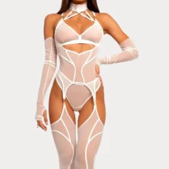 Conjunto Ellolace body renda transparente branco com choker, luvas e meias