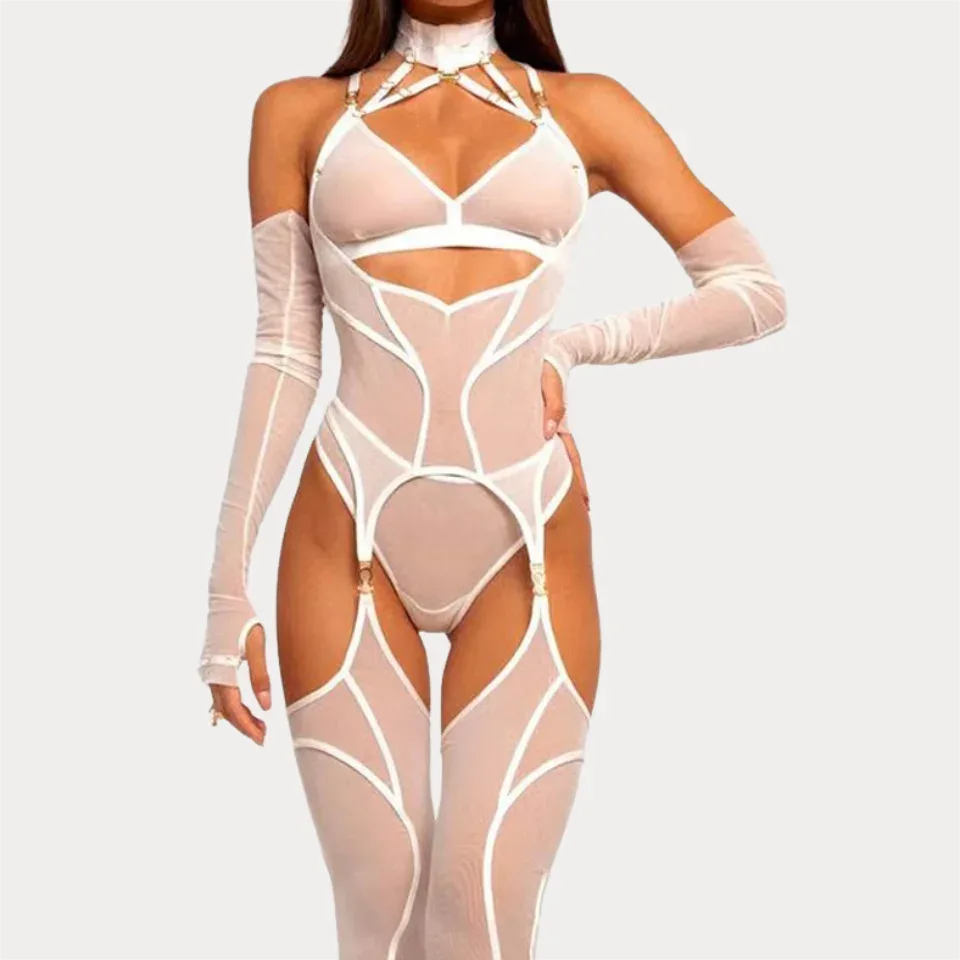 Conjunto Ellolace body renda transparente branco com choker, luvas e meias