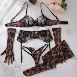 Kit completo das 5 peças do conjunto de lingerie leopardo cor Black Leopard