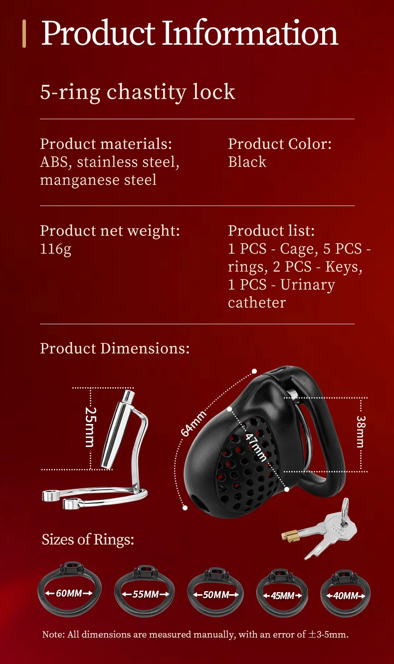 Ficha completa da micro gaiola de castidade Colmeia com medidas de 64 mm, 47 mm e 38 mm e os cinco anéis de 40 a 60 mm