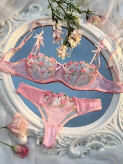 Conjunto Lingerie Sexy Bordado Floral Set Bra and Thong